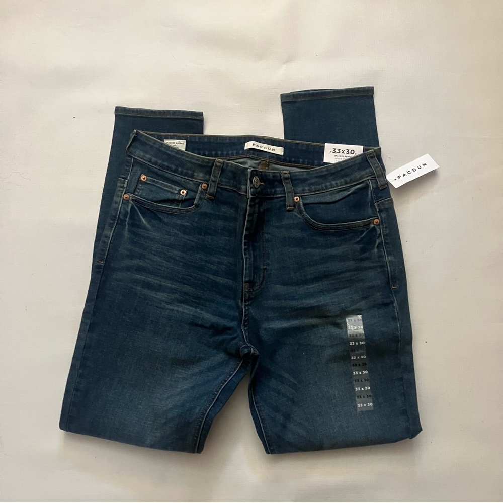 NEW PACSUN TAPERED STACKED STRETCH SKINNY JEANS SIZE 33x30 DARK WASH BLUE - Picture 2 of 3